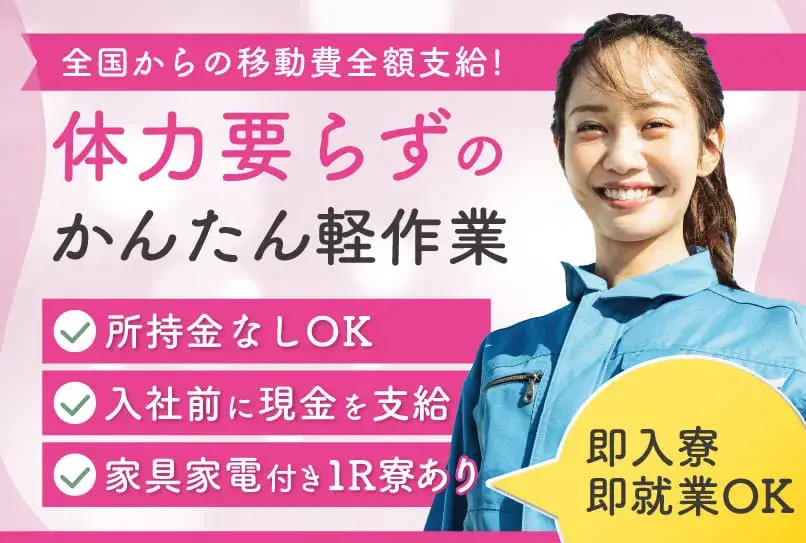 【体力不要なカンタン軽作業】所持金0円＆携帯無しでも入社OK！今日から無料で入寮OK★女性活躍中★月収25万円可★（8-2）｜株式会社ニッコー