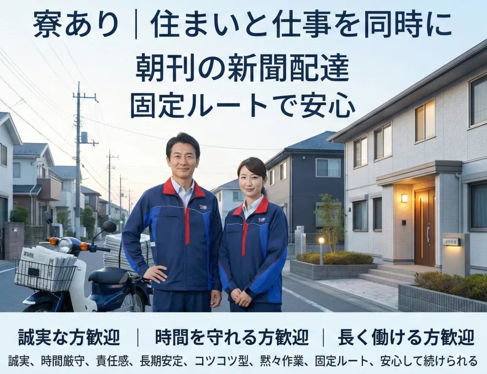早朝2〜3時間｜朝刊のみ・朝夕刊選択可｜毎日同じ道で安心｜40〜60代も活躍中の新聞配達