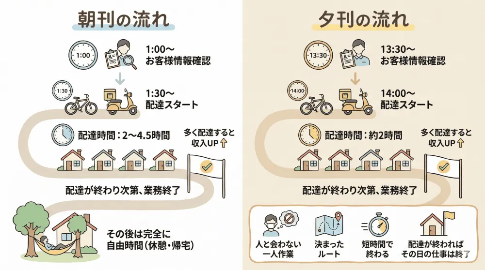 早朝2〜3時間｜朝刊のみ・朝夕刊選択可｜毎日同じ道で安心｜40〜60代も活躍中の新聞配達｜完全週休2日OK｜有限会社神山新聞店