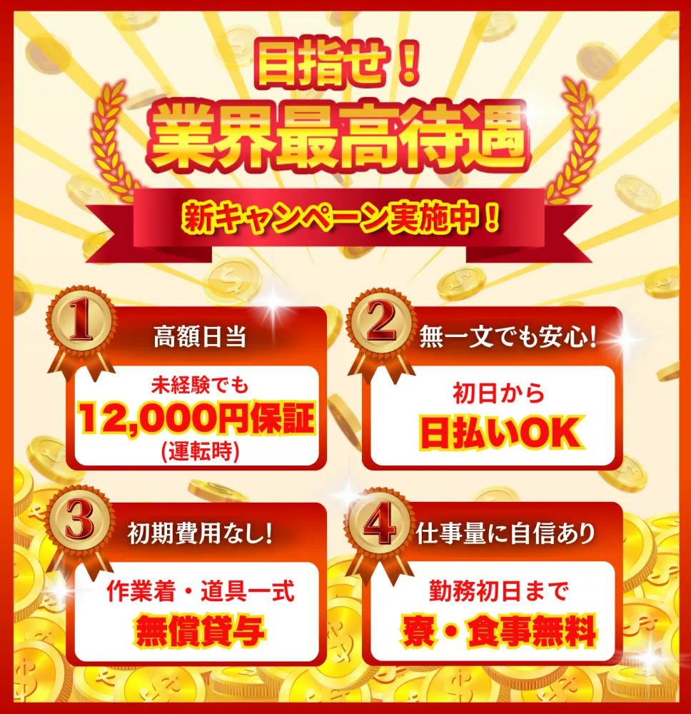 業界最高待遇！未経験でも日給12000円（規定あり）空調服無料貸与！