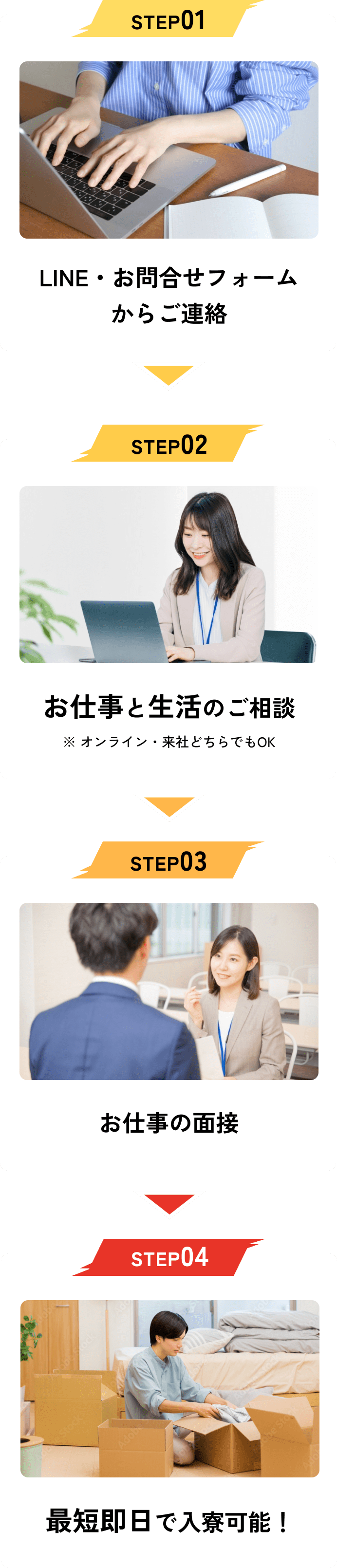 STEP01 LINE・お問合せフォームからご連絡 STEP02 お仕事と生活のご相談 ※ オンライン・来社どちらでもOK STEP03 お仕事の面接 STEP04 最短即日で入寮可能！